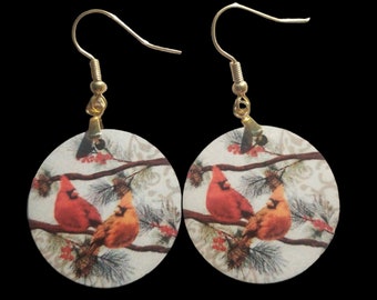 WITH CARDINALS NEAR -  Earrings, round, beautiful, lovely christmas
