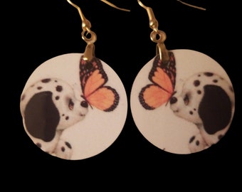 DALMATION PUPPY BUTTERFLY- Earrings, round adorable, fun