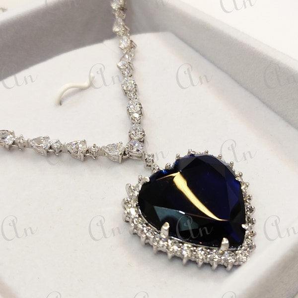 32.00 Carat Blue Heart Cut Diamond Necklace in 935 Argentium Silver, Titanic jewellery, Heart of the ocean, Titanic Necklace, Gift For Women