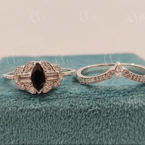1930s Antique 1.30Ct Black Marquise Cut Diamond Engagement wedding Ring set in 935 Argentium Silver, Edwardian Ring, Antique engagement ring