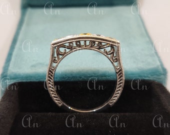 1930s Antique White and yellow Princess Cut filigree Engagement Ring in 935 Argentium Silver, womens Rings, Antique engagement ring, rings