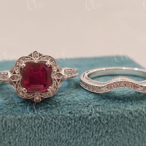 Zabytkowa obrączka ślubna z rubinem o szlifie Asscher o masie 2,40 karata, osadzona w srebrze próby 935, w stylu art déco, prezent dla niej, antyczny pierścionek zaręczynowy, prezent vintage
