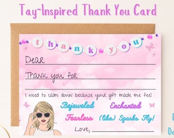 Taylor Swift geïnspireerd dank u kaart, invulbare dank u kaart, Kids verjaardagskaart, afdrukbare dank u kaart