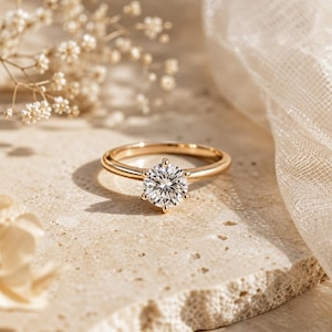 Minimalist Solitaire Engagement Ring in 14K Yellow Gold, Round Cut Moissanite Ring for Women, Promise Ring, Bridal Jewelry Gift