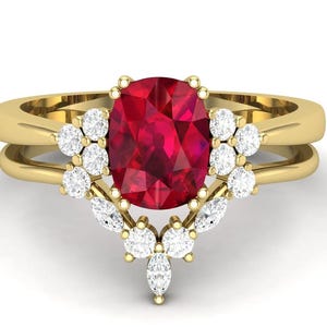 Cushion Ruby Engagement Ring: Art Deco Moissanite 14K Yellow Gold