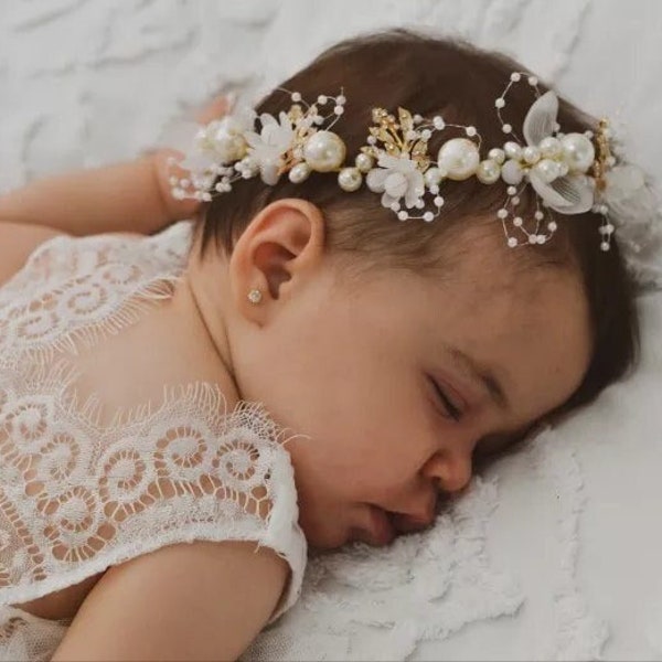 Baby Girl Pearl Headband | Hairpiece for Newborn Photoshoot | Hair Bow Milestone Pictures | Photoshoot | Birthday | Special Occasion Hair