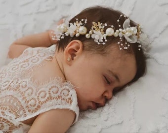 Baby Girl Pearl Headband | Hairpiece for Newborn Photoshoot | Hair Bow Milestone Pictures | Photoshoot | Birthday | Special Occasion Hair