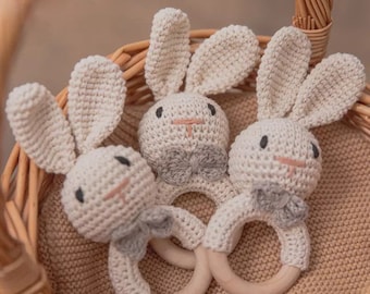 Crochet Bunny Rattle and Teether | Handmade Toy | Sensory Development | Baby Shower Gift | Newborn Gift | New Mom Gift | Visiting Baby Gift