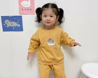 Embroidered Sweatshirt + Jogger Set | Toddler, Kid Sweat Pant | 2 Piece CareBear Sweatshirt Set | Neutral Track Suit |Oatmeal, Mustard, Rust