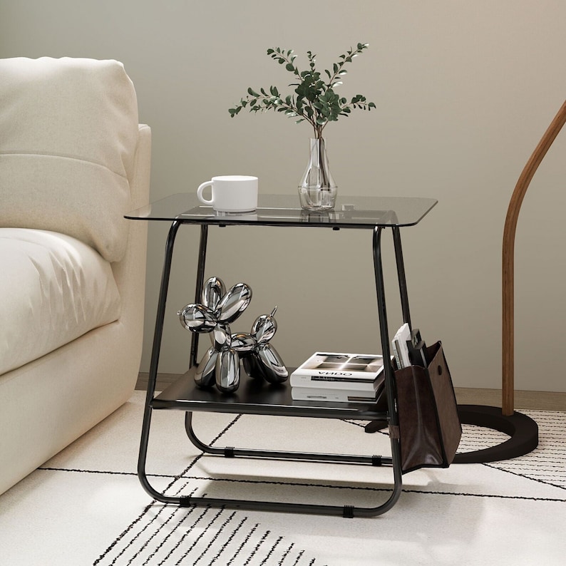 Black Sofa Side End Table Glass Top Bedside Table for Living - Etsy