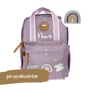 Kindergartenrucksack ab 3 Jahre mit Namen | mit "Glückskind", Einhorn Patch und Glitzer Stickerei (Lila)
