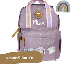 Kindergartenrucksack ab 3 Jahre mit Namen | mit "Glückskind", Einhorn Patch und Glitzer Stickerei (Lila)