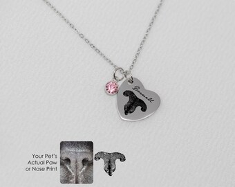 Puede incluir: Un collar de plata con un colgante en forma de corazón. El colgante tiene una huella de pata negra y el nombre "Boswell" grabado en él. Un pequeño cristal rosa cuelga de la cadena por encima del colgante.