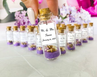 Purple Wedding Party Favors, Custom Mr & Mrs Wedding Favors Bulk, Personalized Message in a Bottle, Anniversary Keepsake for Guests