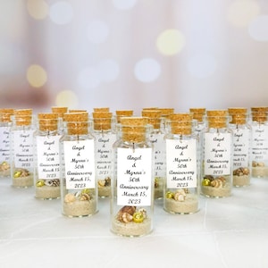 50th anniversary favors gold for guests, golden wedding anniversary souvenirs, message in a bottle favors for 50th wedding anniversary