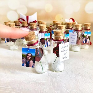Birthday Party Favors, Sweet 16 Party Favors with Photo, Quinceanera Favors in Bulk, Custom Miniature Forever Rose In a Bottle for Guests
