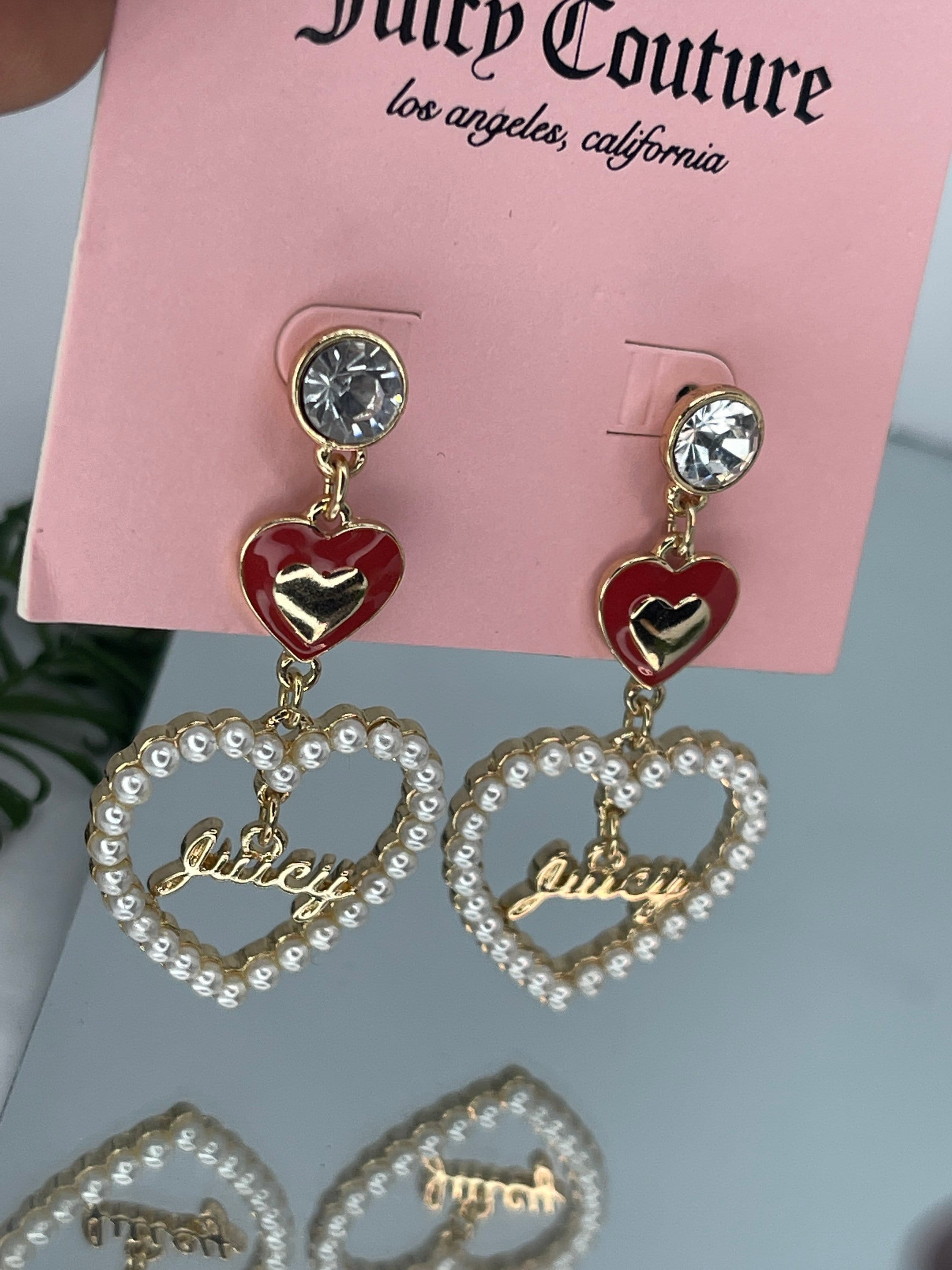 Juicy Couture Official Heart Charm Earrings Red Heart Charm Pearl Color  Jewelry Gift for Mom Boho Chic Jewelry 