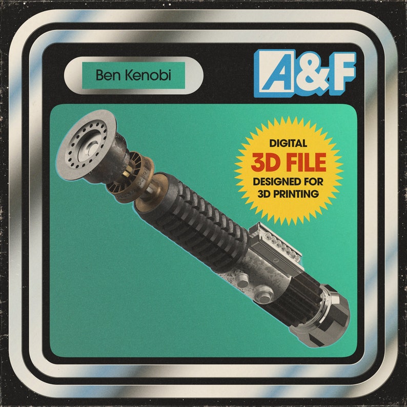 Peut inclure: Une bo&icirc;te &agrave; jouets de style vintage pr&eacute;sentant un mod&egrave;le imprim&eacute; en 3D du sabre laser de Ben Kenobi. La bo&icirc;te a un fond bleu avec une &eacute;toile jaune et le texte "FICHIER 3D NUM&Eacute;RIQUE CON&Ccedil;U POUR L'IMPRESSION 3D".