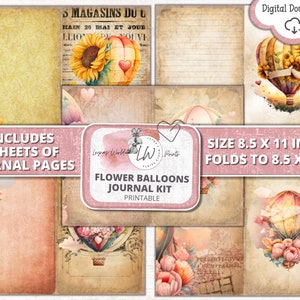 Journal Kit, Flower Balloons, Printable, Digital, Downloads, Junk Journal Kit, Leynas World Prints, Spring, Flowers