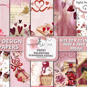 SWEET VALENTINE, 12x12 pouces, Scrapbook Papers, Saint-Valentin, Bonbons, Cœurs, Aquarelle, Leyna’s World Prints, Numérique,