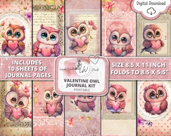 Valentine Owl, Junk Journal Kit, Walentynki, Różowy, Sowa, Vintage, Do druku, Cyfrowy, Pobierz, Leyna's World Prints, Scrapbooking