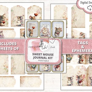 Może przedstawiać: Drukowany plik do pobrania cyfrowo 5 arkuszy z etykietami i dodatkami z uroczymi myszkami z sercami i kwiatowymi wzorami. Tekst "Sweet Mouse Journal Kit" jest zawarty w obrazku.