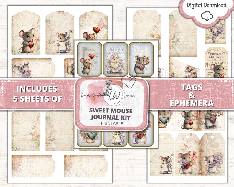 Może przedstawiać: Drukowany plik do pobrania cyfrowo 5 arkuszy z etykietami i dodatkami z uroczymi myszkami z sercami i kwiatowymi wzorami. Tekst "Sweet Mouse Journal Kit" jest zawarty w obrazku.