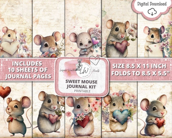 Sweet Mouse, Journal Kit, Digital, Printable, Download, Leyna's World Prints, Valentine's Day, Junk Journal, Scrapbooking