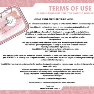Może przedstawiać: R&oacute;żowo-biały grafik z tekstem "TERMS OF USE" i "LEYNA'S WORLD PRINTS COPYRIGHT NOTICE". Tekst określa warunki korzystania z przedmiot&oacute;w cyfrowych i drukowanych sprzedawanych w sklepie. Tekst stwierdza, że ​​możesz drukować i używać przedmiot&oacute;w w swoim własnym unikalnym dzienniku, albumie ze zdjęciami lub projekcie rzemieślniczym, ale nie możesz odtwarzać, modyfikować, rozpowszechniać ani odsprzedawać przedmiot&oacute;w cyfrowo ani w formie drukowanej.