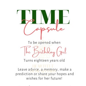 Może przedstawiać: Drukowana karta kapsuły czasu z wzorem arbuza i kwiatów. Tekst brzmi: "TIME Capsule Do otwarcia, gdy The Birthday Girl skończy osiemnaście lat HEARTFELT Zostaw rady, wspomnienie, zrób przepowiednię lub podziel się swoimi nadziejami i życzeniami na przyszłość! Nie zapomnij podpisać się!"