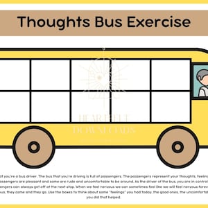 Może przedstawiać: Żółty autobus szkolny z kratkowanym oknem i kierowcą na przednim siedzeniu. Tekst "Thoughts Bus Exercise" znajduje się na górze obrazu. Tekst pod autobusem brzmi: "Wyobraź sobie, że jesteś kierowcą autobusu. Autobus, którym jedziesz, jest pełen pasażerów. Pasażerowie reprezentują twoje myśli, uczucia, wspomnienia i emocje. Niektórzy pasażerowie są mili, a inni są niegrzeczni i niewygodni w towarzystwie. Jako kierowca autobusu, kontrolujesz, dokąd jedzie autobus, a pasażerowie mogą zawsze wysiąść na następnym przystanku. Kiedy jesteśmy nerwowi, czasami możemy czuć się tak, jakbyśmy byli nerwowi na zawsze. Ale tak jak pasażerowie w autobusie, przychodzą i odchodzą. Użyj pól, aby pomyśleć o niektórych "uczuciach", które miałeś dzisiaj, o dobrych, o nieprzyjemnych i o tym, co zrobiłeś, aby sobie pomóc."