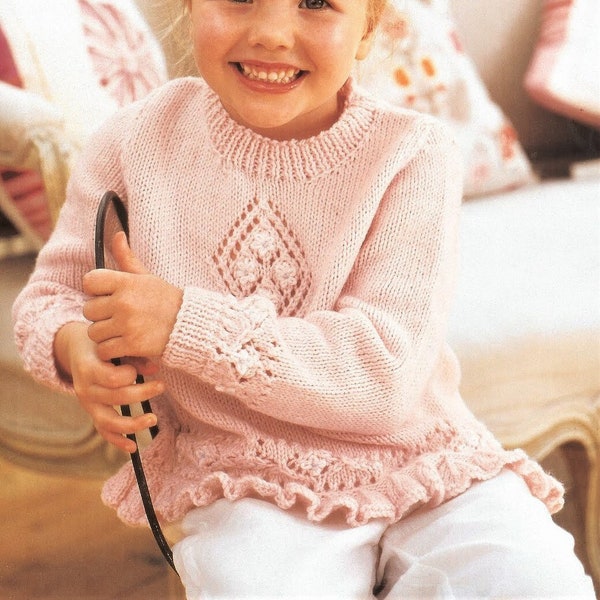 PDF Knitting Pattern Baby Girls Pretty Diamond Eyelet Sweater Tunic Jumper Frill Bottom DK ( 8 ply ) 18 - 26" 3mths - 6 yrs Vintage