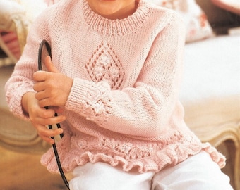 PDF Knitting Pattern Baby Girls Pretty Diamond Eyelet Sweater Tunic Jumper Frill Bottom DK ( 8 ply ) 18 - 26&quot; 3mths - 6 yrs Vintage