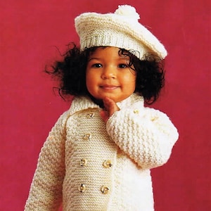 Baby Girls Double Breasted Jacket Cardigan Beret Hat Coat PDF Knitting Pattern Aran ( 10 ply, Worsted )  20 - 24&quot; 6mths - 4 yrs Vintage