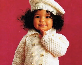 Baby Girls Double Breasted Jacket Cardigan Beret Hat Coat PDF Knitting Pattern Aran ( 10 ply, Worsted )  20 - 24" 6mths - 4 yrs Vintage