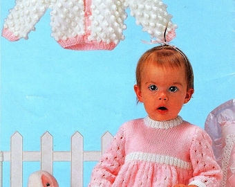 Baby Girls Bobble Jacket Cardigan Long Sleeve Eyelet Dress & Shoes PDF Knitting Pattern DK 8 ply 18 - 20" 3 - 12 mths Vintage Download