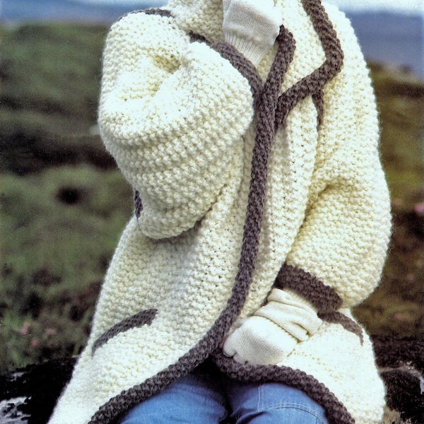 Ladies Long Textured Winter Jacket Coat Cardigan Pockets PDF Knitting Pattern 30 - 40" Super Chunky / Bulky Vintage Download