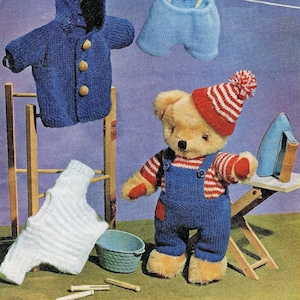 PDF Knitting Pattern 12&quot; Teddy Bear or Dolls Clothes Hooded Jacket Dungarees Shorts 4ply ( Fingering ) Vintage Download