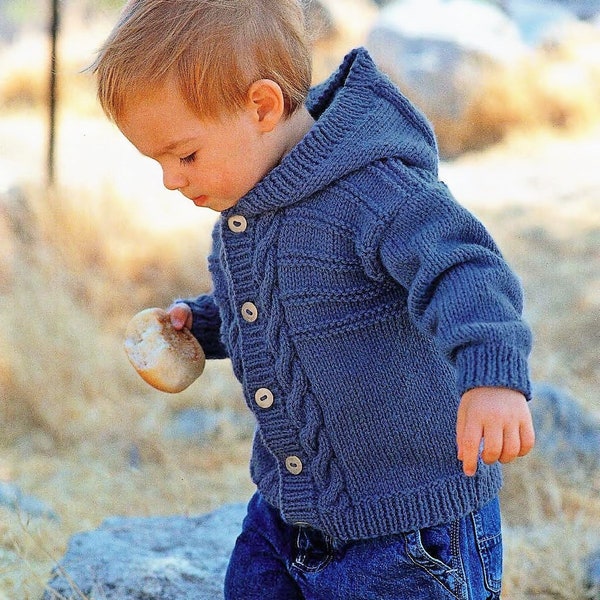 Hooded Jacket Cable Knitting Pattern PDF Baby Boys Girls Cardigan Collar Aran ( 10 ply, Worsted ) 18 - 28" 3mths - 8 years