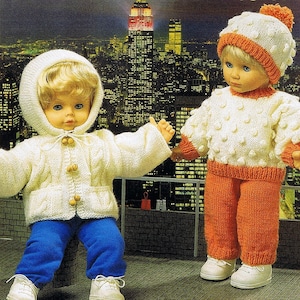 Baby Dolls Clothes Outfit Hoody Hooded Jacket Trousers Bobble Sweater Hat PDF Knitting Pattern DK ( 8 ply ) 16&quot; 20&quot; 24&quot; Vintage Digital