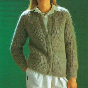 Ladies Casual Long Rib Cardigan Pockets Raglan Shaping PDF Knitting Pattern Aran ( worsted, 10 ply ) 34 - 40" Vintage Download