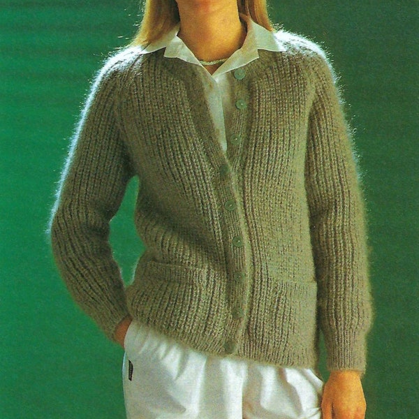 Ladies Casual Long Rib Cardigan Pockets Raglan Shaping PDF Knitting Pattern Aran ( worsted, 10 ply ) 34 - 40" Vintage Download