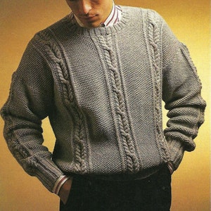 Mens Cable Moss Stitch Sweater Crew Neck Jumper Pullover PDF Knitting Pattern DK ( 8 ply ) 36 - 44" Vintage Download