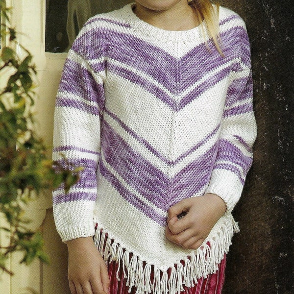 Ladies Girls Fringed Sweater Jumper Cardigan Chevron Striped Poncho Style PDF Knitting Pattern Cotton DK 22 - 44" Age 2 - Adult Vinatge 5127