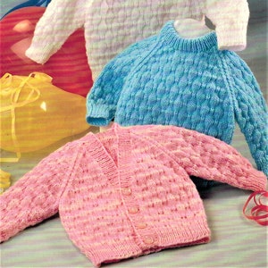 Baby Boys Girls Textured Raglan Sweater Cardigan Jumper V Round Neck PDF Knitting Pattern DK 8 ply 16 - 22&quot; 0 - 2 yrs Vintage Download