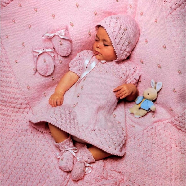 Premature Baby Girls Layette Short Sleeve Dress Bonnet Jacket Cardigan Shawl Booties Mittens PDF Knitting Pattern 14 - 18" Vintage Download