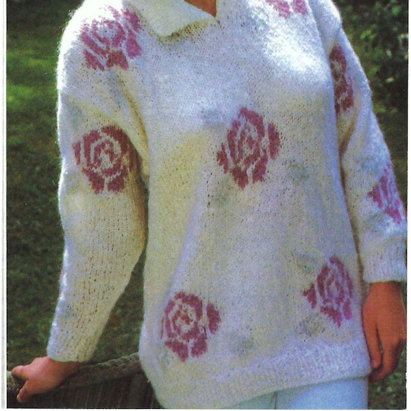 Ladies Rose Flower Motif Sweater Jumper Long Length Tunic Style Collar 80s PDF Knitting Pattern Aran ( Worsted , 10 ply ) 32 - 38" Womens