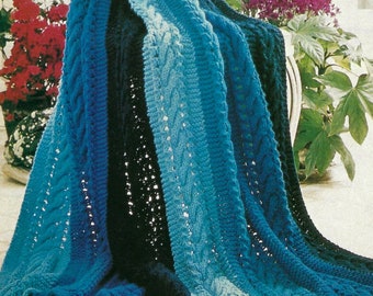 Beautiful Easy Knit Multi Striped Afghan Cable & Lace Design Throw Blanket PDF Knitting Pattern Aran ( 10 ply, Worsted ) 48 x 60" Vintage