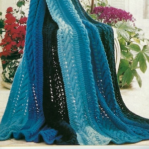 Beautiful Easy Knit Multi Striped Afghan Cable & Lace Design Throw Blanket PDF Knitting Pattern Aran ( 10 ply, Worsted ) 48 x 60&quot; Vintage