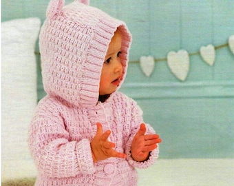 Baby Boys Girls Hooded Jacket Cardigan Cute Ears Hoody Childs PDF Knitting Pattern DK ( 8 ply )  16 - 24"  Newborn - 4 yrs Download